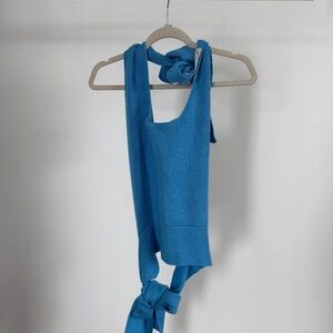 blue knit tank top with open back